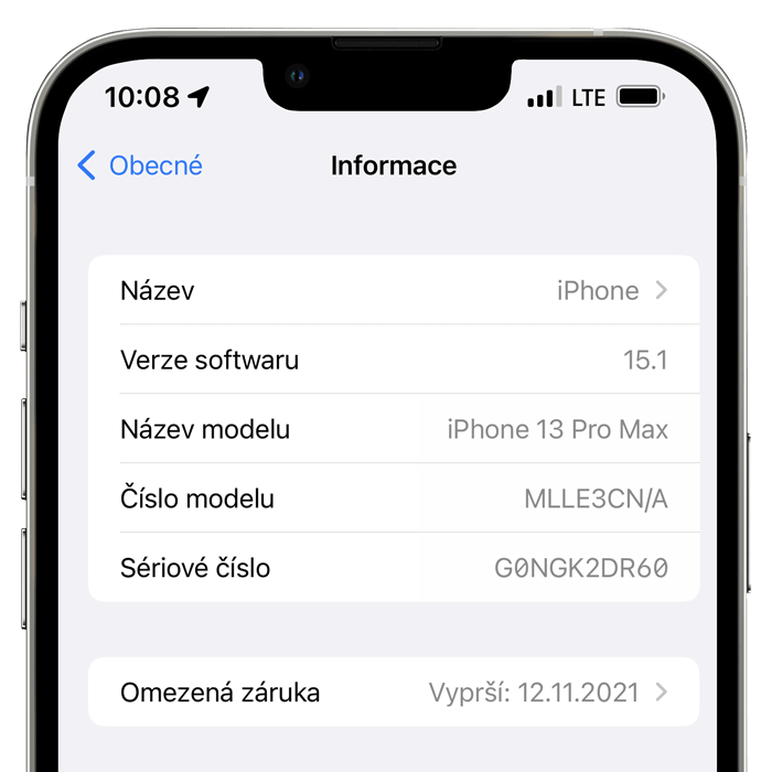 iPhone se zobrazenou volbou „K dispozici je krytí AppleCare+“ v Nastavení.